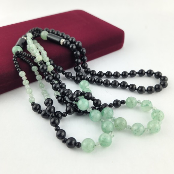 The Unbranded Brand Jewelry - Vintage Multi Strand Black Green Bead Necklace Rhinestone Rondelle Spacer